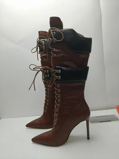 2025 Botas de tacón alto de Otoño Invierno para Mujer con cordones puntiagudos tacones finos Botas de Mujer de doble capa Sexy a media pantorrilla