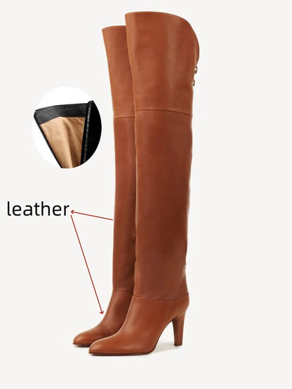 Botas de tacón alto grueso de piel de vaca para mujer, botas por encima de la rodilla a la moda, moda europea y americana, para caminar y banquetes, 2024