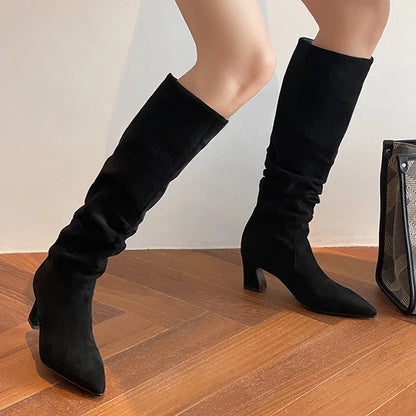 Tacones altos para Mujer, Botas altas de gamuza con punta estrecha, zapatos de moda, vestido de diseñador, zapatos de tacón para Mujer, Botas Chelsea de lujo para invierno 2025