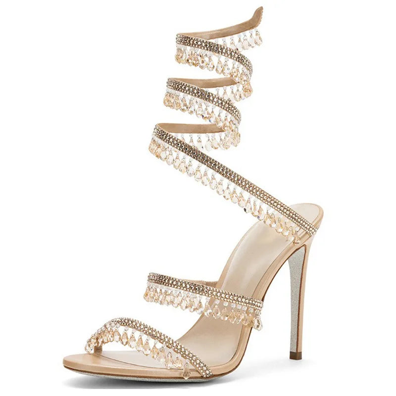 Sandalias de tacón alto para mujer con flecos de diamantes de imitación