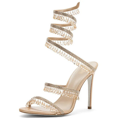 Sandalias de tacón alto para mujer con flecos de diamantes de imitación