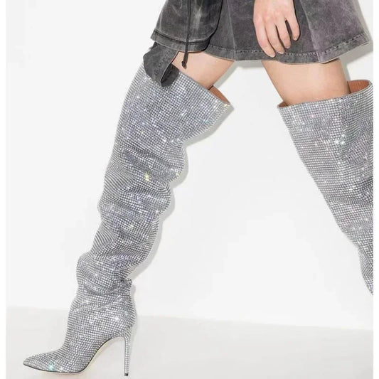 Botas hasta la rodilla con diamantes de imitación para mujer, botines de pasarela puntiagudos de tacón alto delgado, sexy, europeo y americano, alta calidad