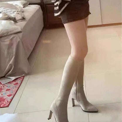 Botas altas con tacón de aguja de gamuza y punta puntiaguda, tacones altos antideslizantes y resistentes al desgaste con cremallera lateral, otoño