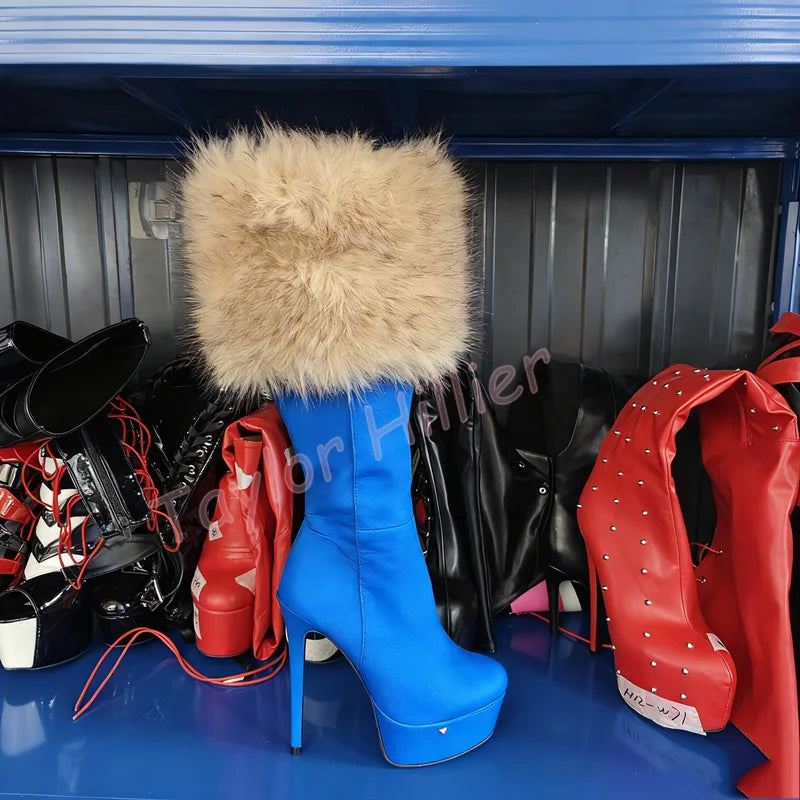 Zapatos de plataforma de piel de albaricoque para invierno, tacones de aguja con punta redonda, botas hasta la rodilla con cremallera lateral, botas de caballero elegantes para fiesta 46