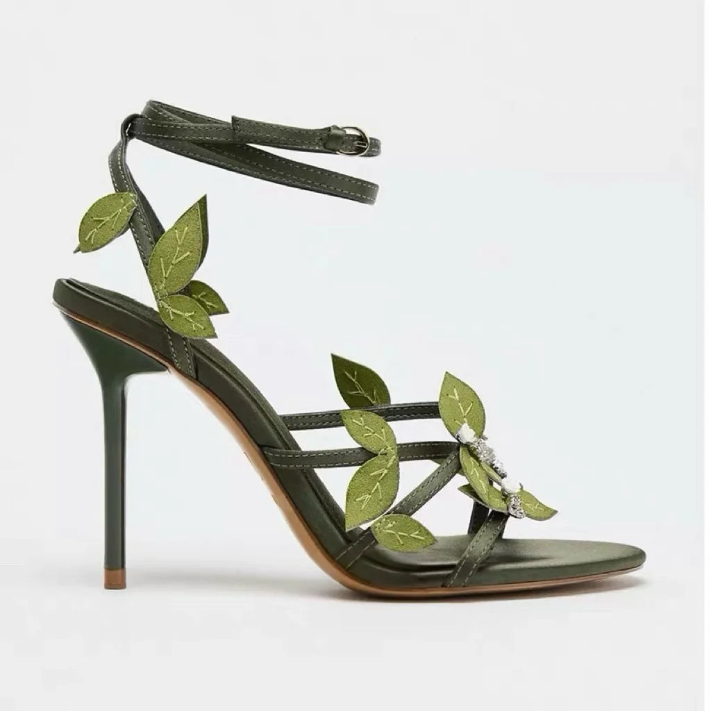 zapatos de mujer, sandalias de tacón de aguja con adornos florales