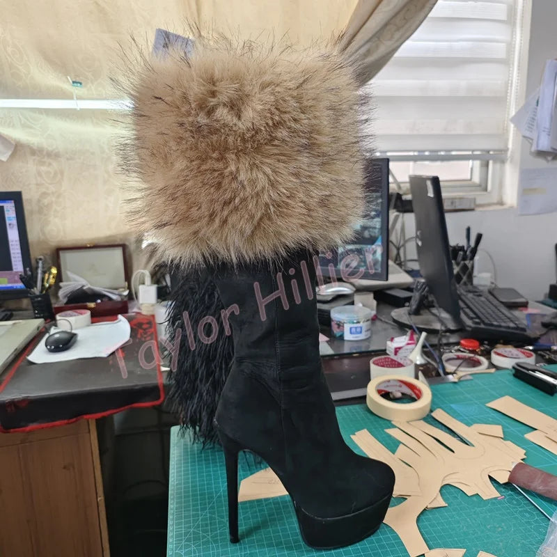 Zapatos de plataforma de piel de albaricoque para invierno, tacones de aguja con punta redonda, botas hasta la rodilla con cremallera lateral, botas de caballero elegantes para fiesta 46