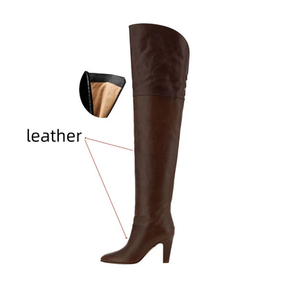 Botas de tacón alto grueso de piel de vaca para mujer, botas por encima de la rodilla a la moda, moda europea y americana, para caminar y banquetes, 2024