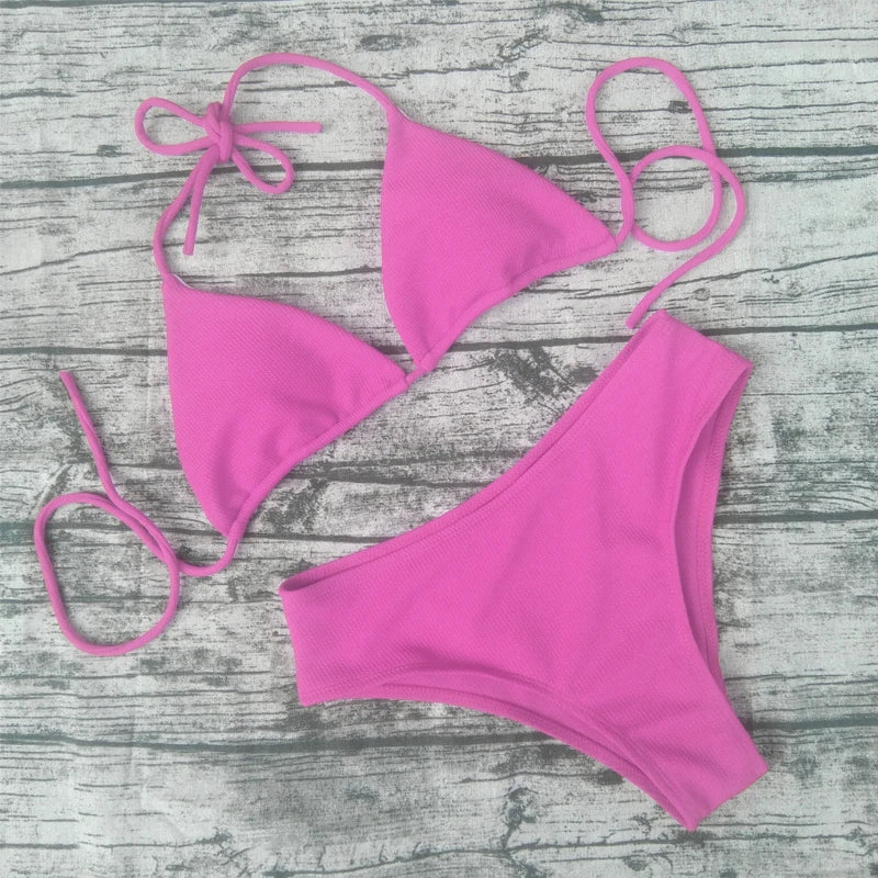 Bikini 2023, traje de baño Sexy de Color sólido, conjunto de Bikini a rayas triangulares para mujer, traje de baño, Bikini de playa, Bikini para mujer