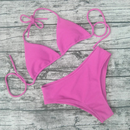 Bikini 2023, traje de baño Sexy de Color sólido, conjunto de Bikini a rayas triangulares para mujer, traje de baño, Bikini de playa, Bikini para mujer