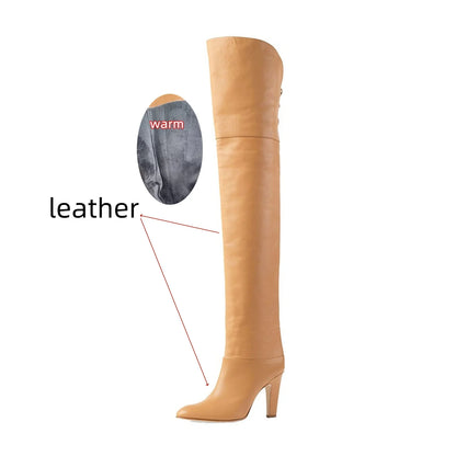 Botas de tacón alto grueso de piel de vaca para mujer, botas por encima de la rodilla a la moda, moda europea y americana, para caminar y banquetes, 2024