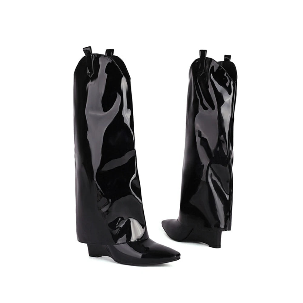 Botas De Mujer hasta la rodilla, Botas sexis a la moda con cuña y punta estrecha, Botas De caballero Retro negras y rojas, talla grande 44 45 61-2