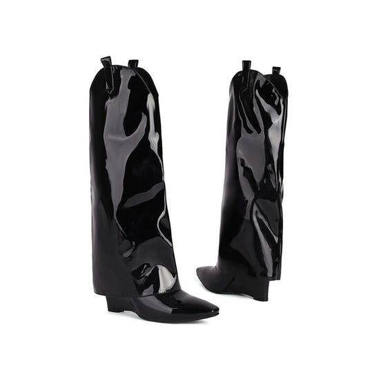 Botas De Mujer hasta la rodilla, Botas sexis a la moda con cuña y punta estrecha, Botas De caballero Retro negras y rojas, talla grande 44 45 61-2