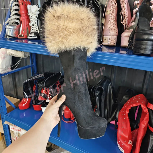 Zapatos de plataforma de piel de albaricoque para invierno, tacones de aguja con punta redonda, botas hasta la rodilla con cremallera lateral, botas de caballero elegantes para fiesta 46