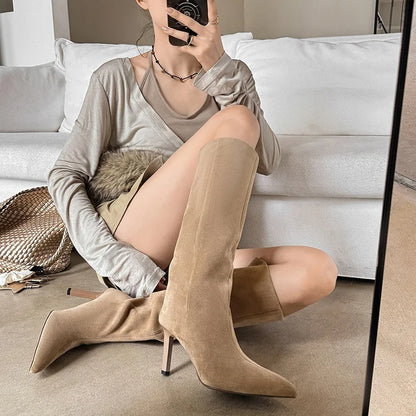 Arden Furtado otoño ante negro botas hasta la rodilla punta puntiaguda tacones de aguja botas ajustadas botas modernas de gran tamaño