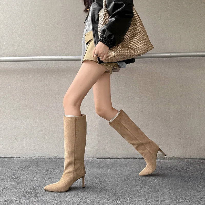 Arden Furtado otoño ante negro botas hasta la rodilla punta puntiaguda tacones de aguja botas ajustadas botas modernas de gran tamaño