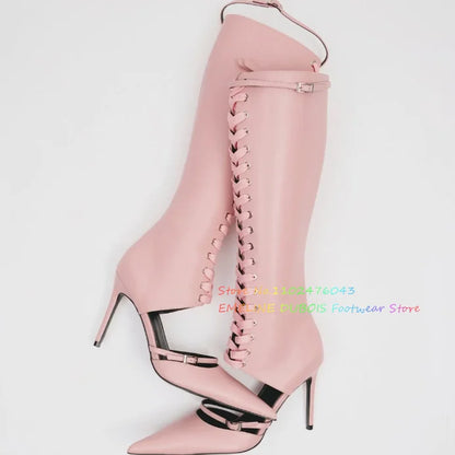 Botas blancas con punta puntiaguda y cordones hasta la rodilla para mujer, novedad de verano, sandalias sexis con hebilla hueca y tacón de aguja con cordones cruzados en la parte delantera