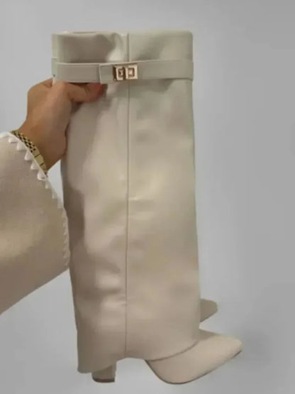 Nuevas botas de mujer hasta la rodilla con hebilla de Metal puntiaguda