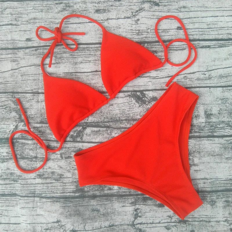 Bikini 2023, traje de baño Sexy de Color sólido, conjunto de Bikini a rayas triangulares para mujer, traje de baño, Bikini de playa, Bikini para mujer