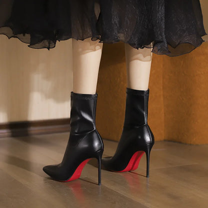 Botas de Mujer con suela roja de cuero negro, Botas elásticas sin cordones con punta puntiaguda, tendencia 2025, tacones altos de aguja de 8 y 10cm