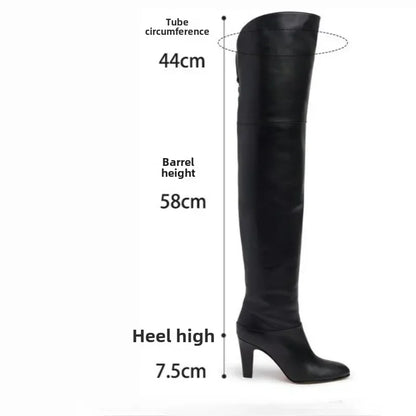 Botas de tacón alto grueso de piel de vaca para mujer, botas por encima de la rodilla a la moda, moda europea y americana, para caminar y banquetes, 2024