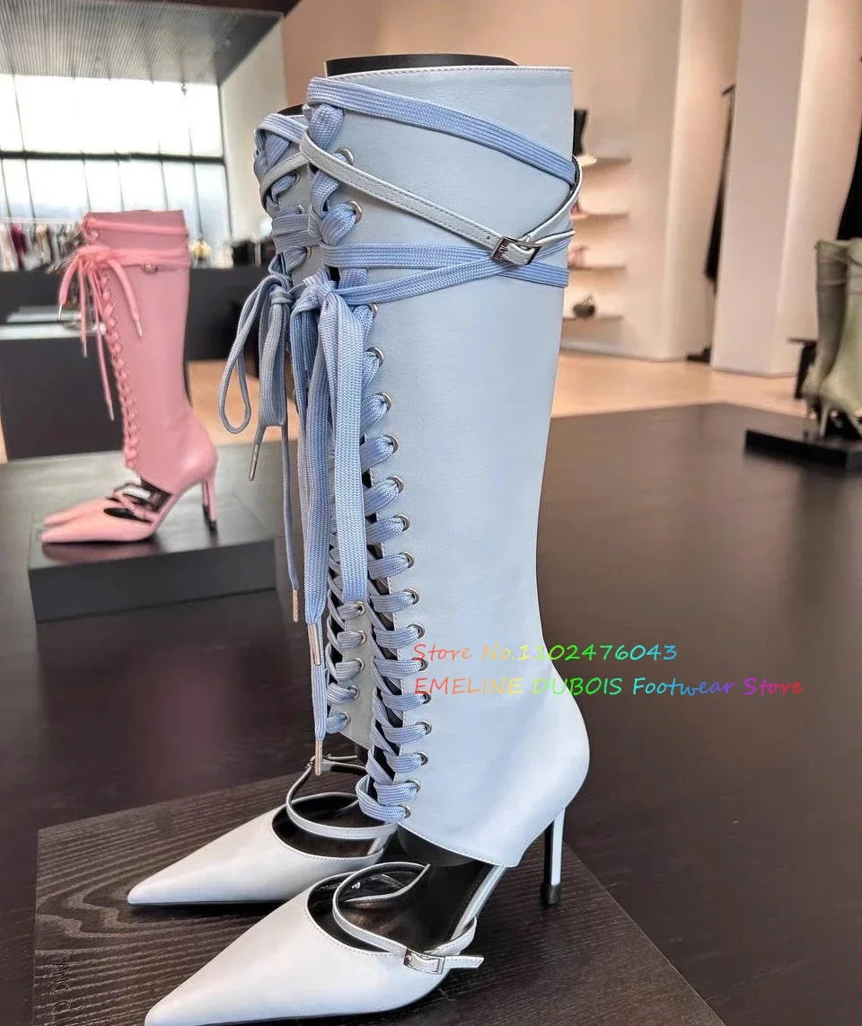 Botas blancas con punta puntiaguda y cordones hasta la rodilla para mujer, novedad de verano, sandalias sexis con hebilla hueca y tacón de aguja con cordones cruzados en la parte delantera