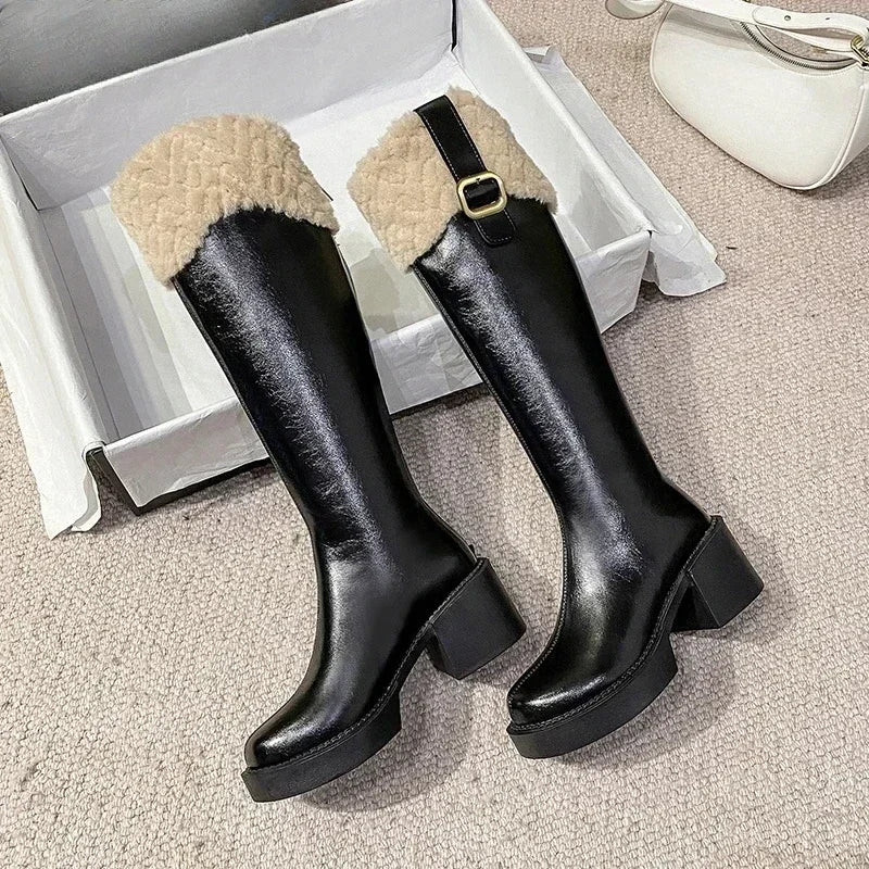 Botas Chelsea hasta la rodilla para Mujer, Botas que mantienen el calor, Botas de plataforma con cremallera de piel para Mujer, zapatos de Mujer con borde de felpa, nuevas Botas para Mujer