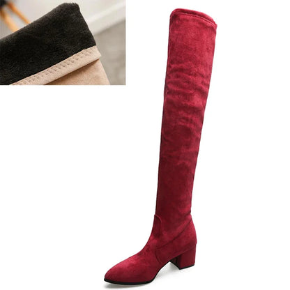 Botas altas hasta el muslo para mujer, zapatos por encima de la rodilla, Sexy, de tacón alto, color rojo y negro, invierno, 2023
