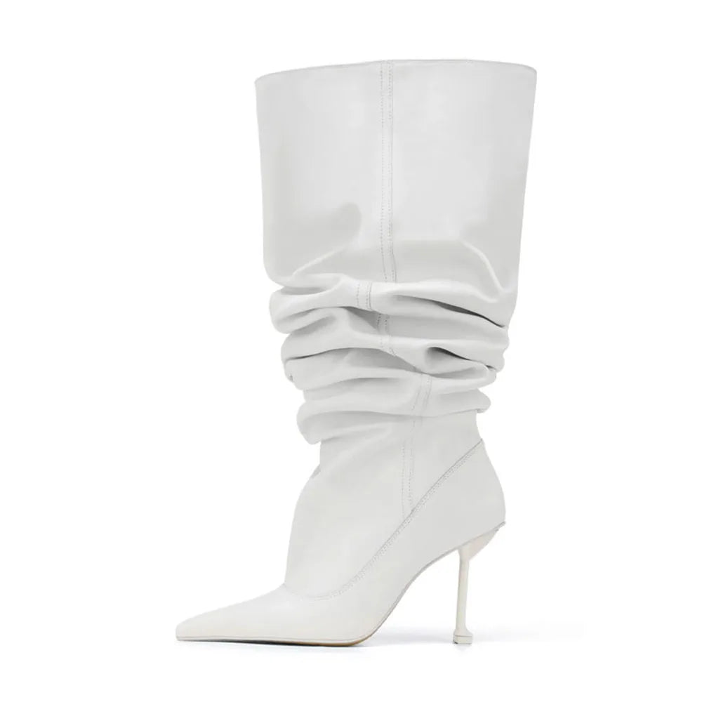 Arden Furtado 2025 Botas tubulares grandes plisadas Punta puntiaguda Tacones de aguja sexy Botas hasta la rodilla Botas modernas de gran tamaño