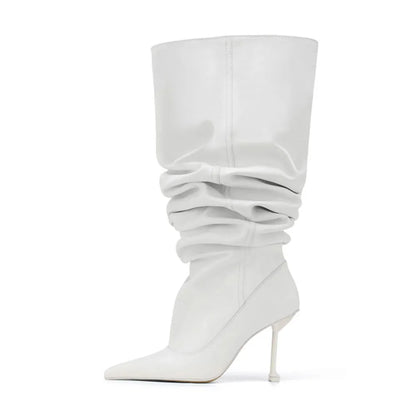 Arden Furtado 2025 Botas tubulares grandes plisadas Punta puntiaguda Tacones de aguja sexy Botas hasta la rodilla Botas modernas de gran tamaño