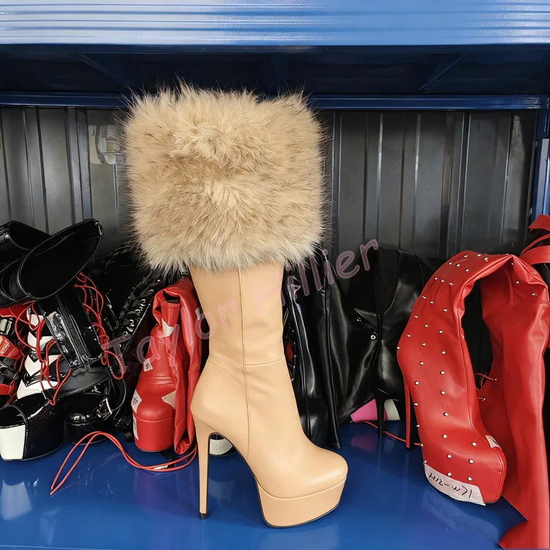 Zapatos de plataforma de piel de albaricoque para invierno, tacones de aguja con punta redonda, botas hasta la rodilla con cremallera lateral, botas de caballero elegantes para fiesta 46