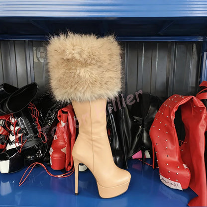 Zapatos de plataforma de piel de albaricoque para invierno, tacones de aguja con punta redonda, botas hasta la rodilla con cremallera lateral, botas de caballero elegantes para fiesta 46