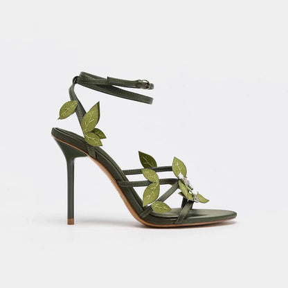 zapatos de mujer, sandalias de tacón de aguja con adornos florales