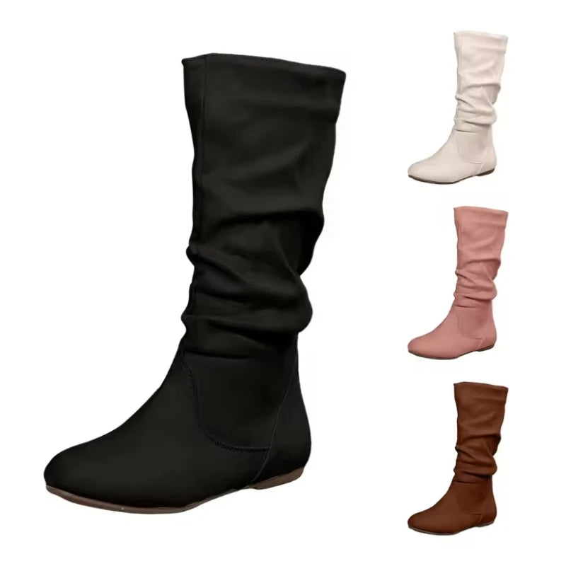 Gran oferta de Botas para Mujer con cremallera lateral, Botas a media pantorrilla, Botas planas de ante de tendencia para Mujer, zapatos de Mujer de talla grande de lujo, Botas de Mujer de alta calidad