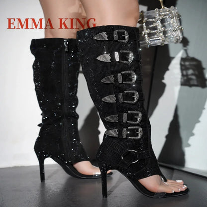 Botas hasta la rodilla con diseño de hebilla de cinturón para mujer, botas de gladiador sexis con punta redonda abierta, botas largas de tacón alto con cremallera, zapatos de noche