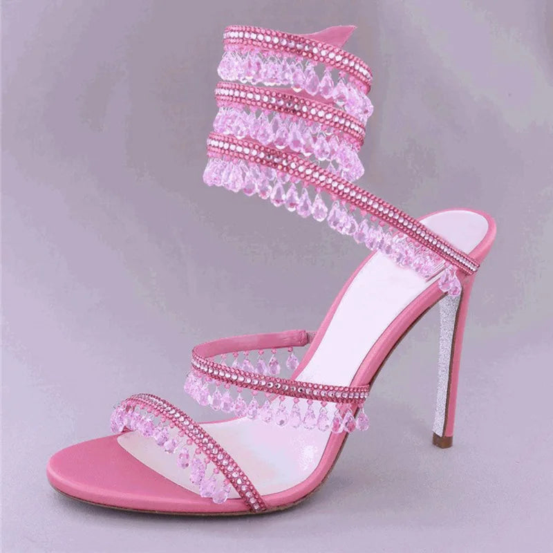 Sandalias de tacón alto para mujer con flecos de diamantes de imitación