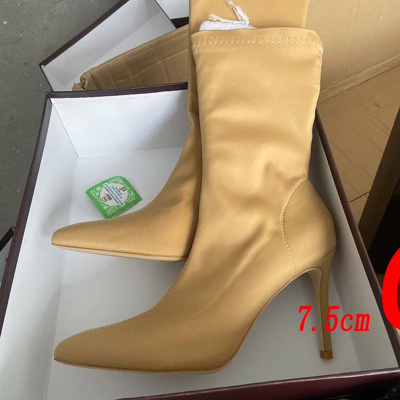 Botas de calcetín de seda de tacón alto de 7,5 cm y 10cm para mujer, botines cortos de tacón bajo verde, zapatos sexis de satén con punta estrecha para invierno