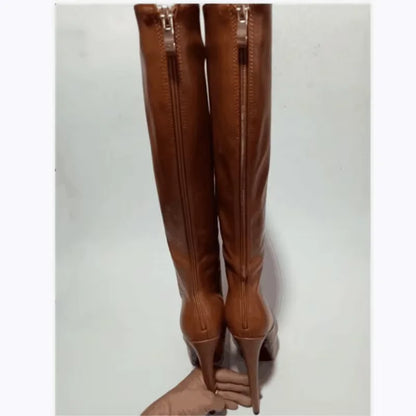 SHOFOO Botas de tacón alto de mujer de moda. Botas de mujer hasta la rodilla. Botas piel negro (marrón) Aproximadamente 18 cm altura tacón 34-46