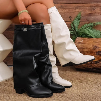 Botas de Moda para Mujer, Plegables, hasta la Rodilla, de Invierno, Color Sólido, Antideslizantes, de Suela Gruesa, de Pierna Ancha, de Piel Sintética, Botas de Moda, Botas Mujer