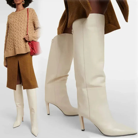 Botas altas por encima de la rodilla de talla grande para mujer, botas rectas de tacón de aguja puntiagudas, colores, estilo Simple, nuevo desfile de moda