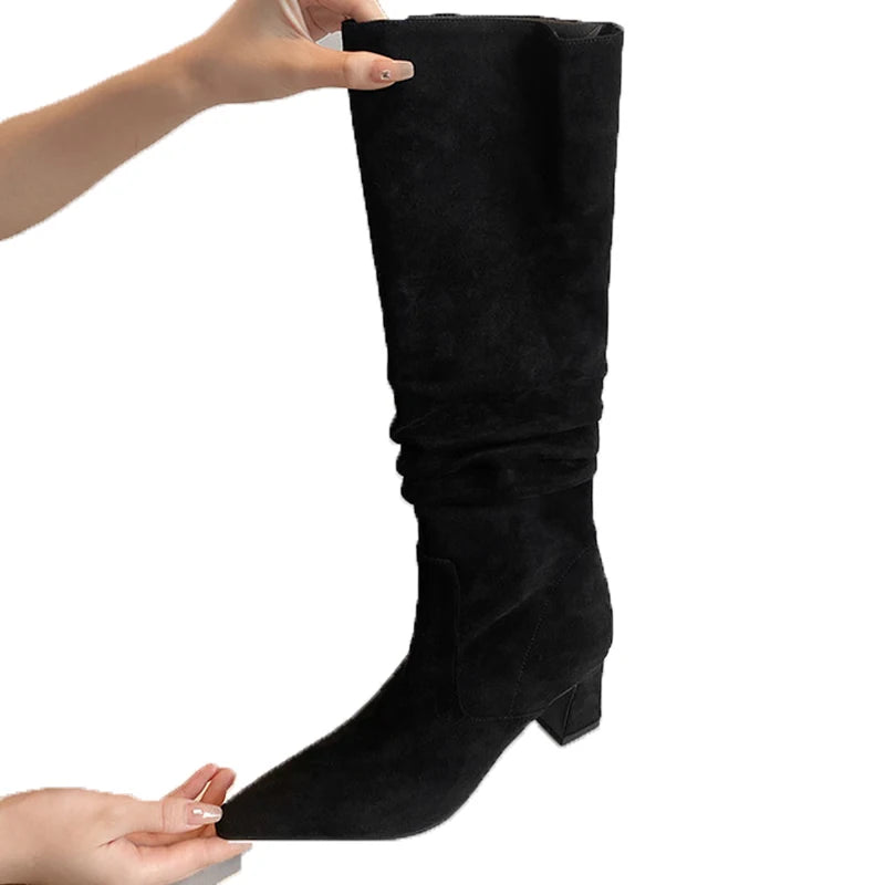 Tacones altos para Mujer, Botas altas de gamuza con punta estrecha, zapatos de moda, vestido de diseñador, zapatos de tacón para Mujer, Botas Chelsea de lujo para invierno 2025