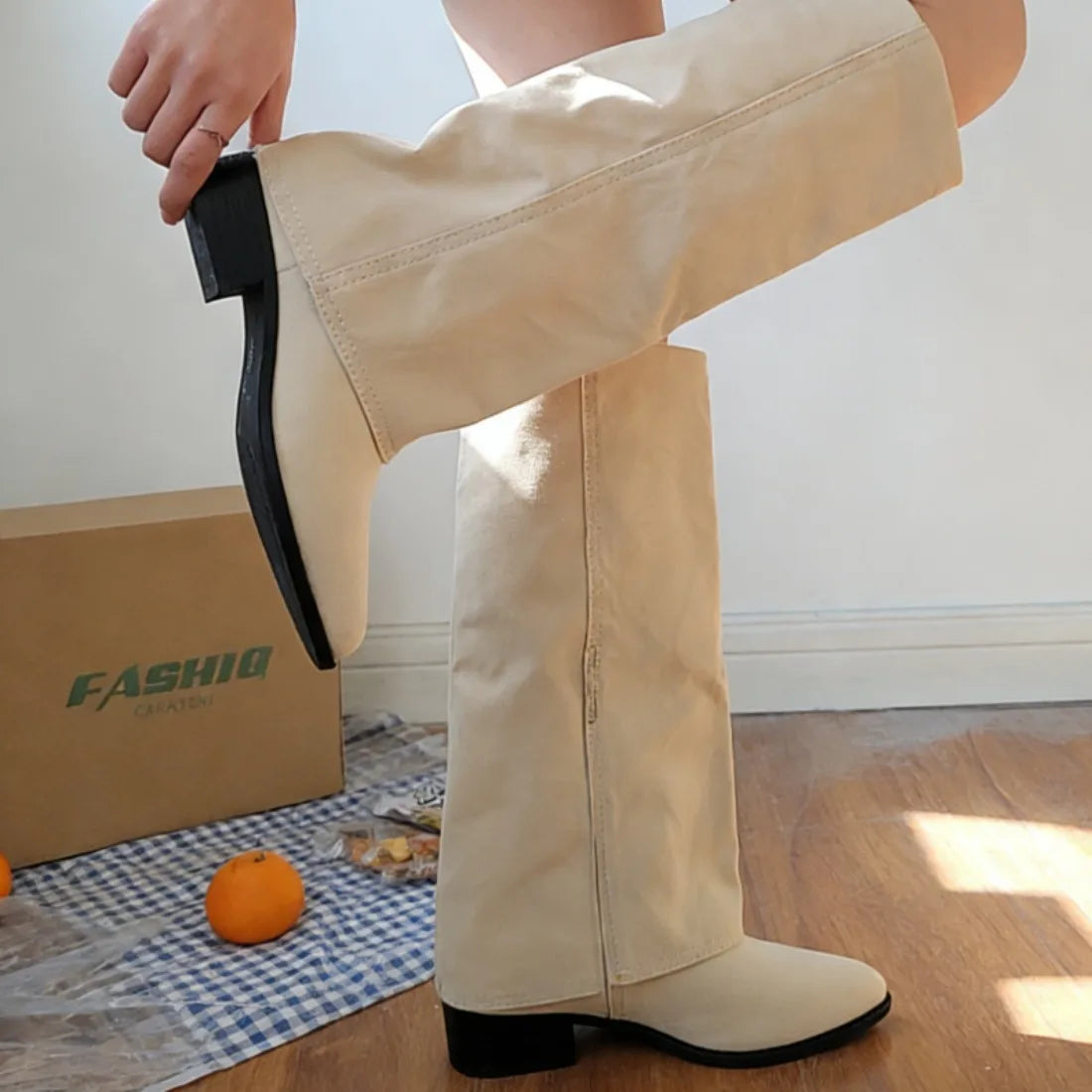 Botas de Moda para Mujer, Plegables, hasta la Rodilla, de Invierno, Color Sólido, Antideslizantes, de Suela Gruesa, de Pierna Ancha, de Piel Sintética, Botas de Moda, Botas Mujer