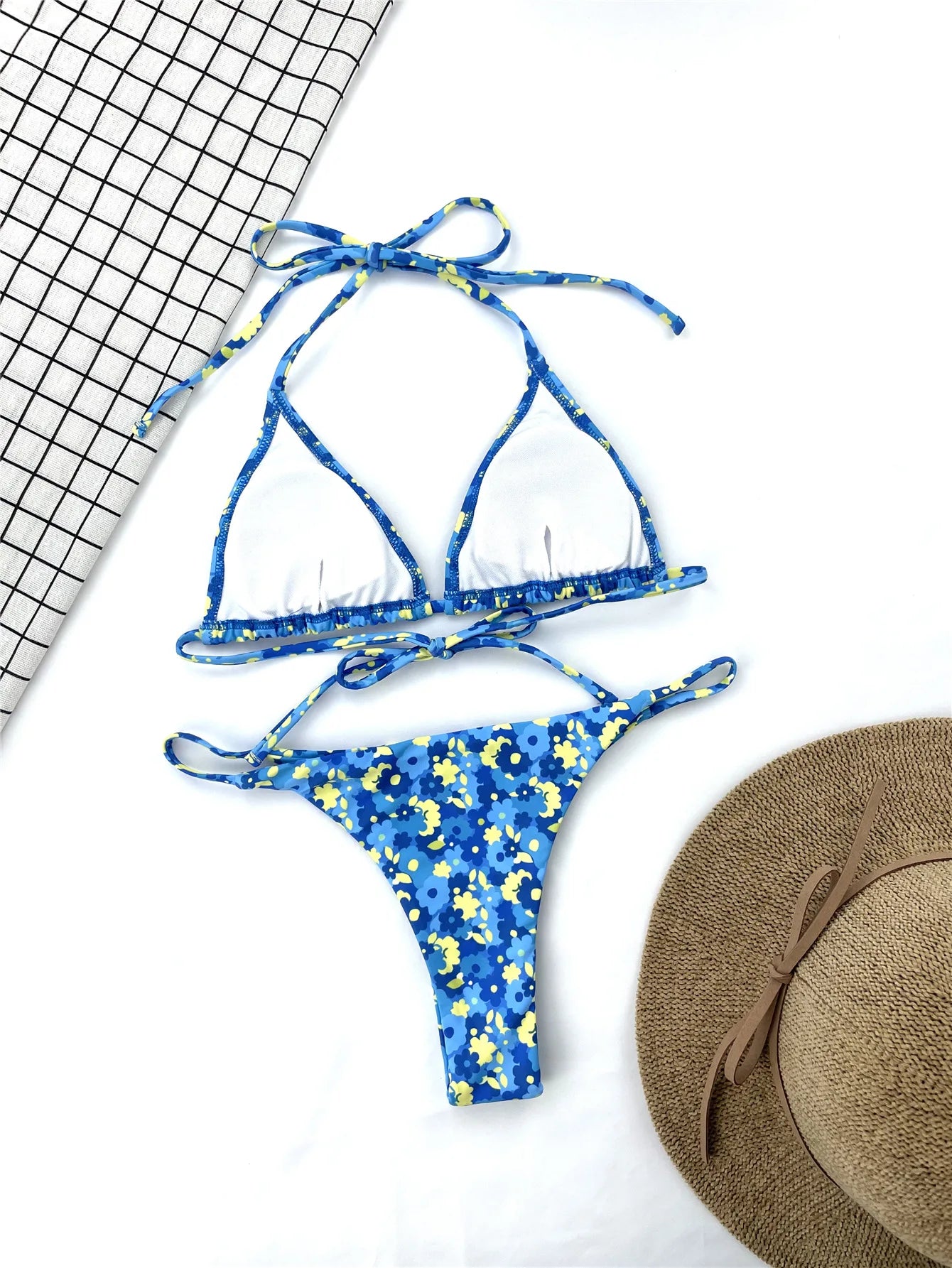Bikini azul Floral con cordones