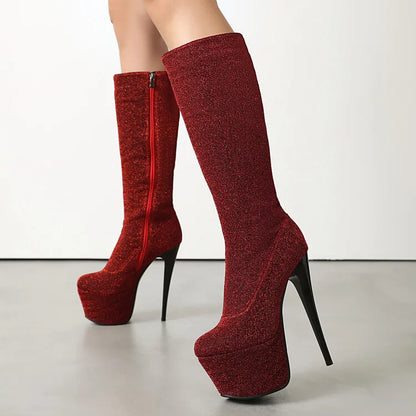 Botas hasta la rodilla con tacón alto de 16cm para mujer, botines sexys de Pole Dance, plataforma impermeable, cremallera lateral, cuero brillante, punta redonda, 35-45