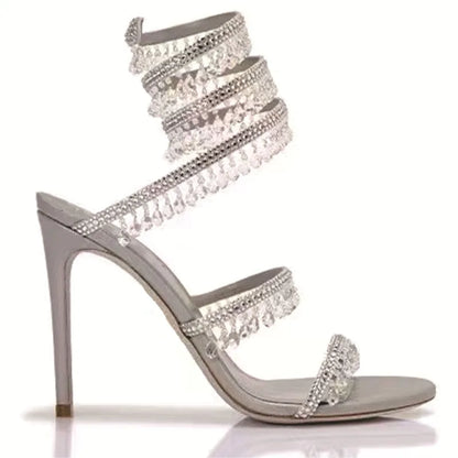 Sandalias de tacón alto para mujer con flecos de diamantes de imitación