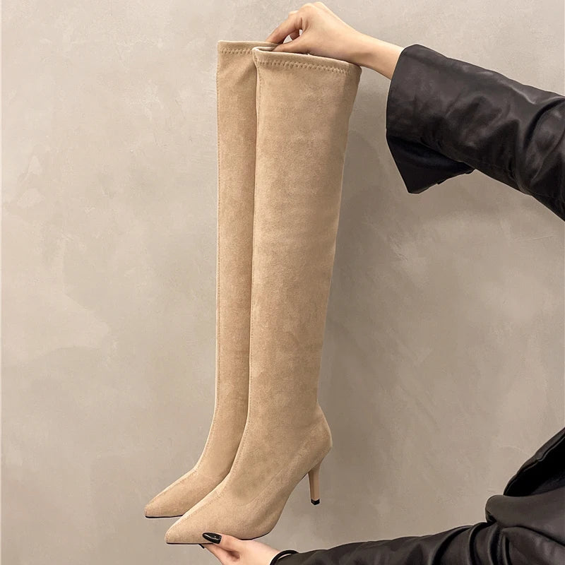 Botas altas para Mujer, tacones altos, zapatos De punta estrecha, zapatos De tacón elegantes sexis a la moda, Botas De invierno para Mujer 2025, nuevas Botas De lujo Chelsea De Mujer