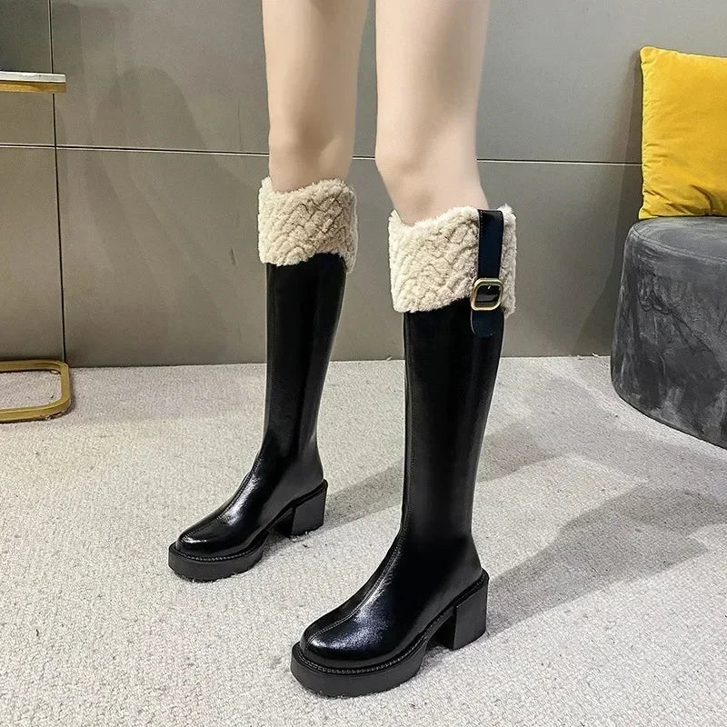 Botas Chelsea hasta la rodilla para Mujer, Botas que mantienen el calor, Botas de plataforma con cremallera de piel para Mujer, zapatos de Mujer con borde de felpa, nuevas Botas para Mujer