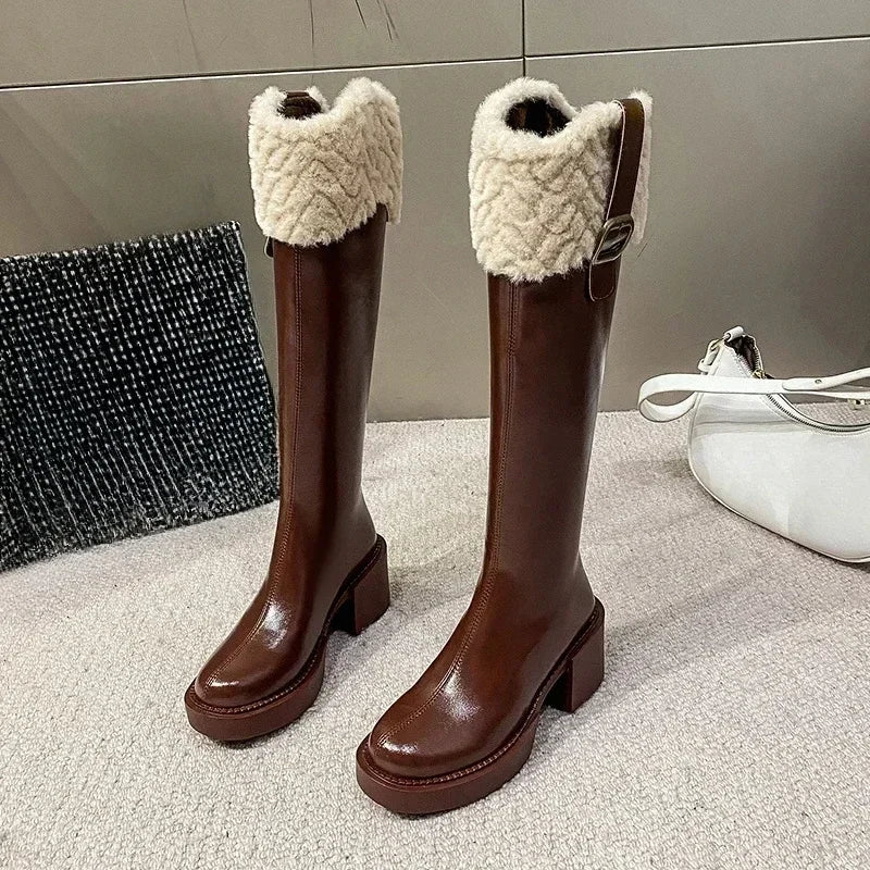 Botas Chelsea hasta la rodilla para Mujer, Botas que mantienen el calor, Botas de plataforma con cremallera de piel para Mujer, zapatos de Mujer con borde de felpa, nuevas Botas para Mujer