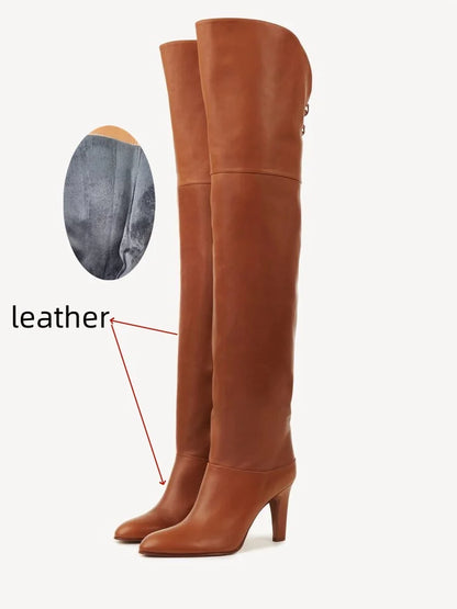 Botas de tacón alto grueso de piel de vaca para mujer, botas por encima de la rodilla a la moda, moda europea y americana, para caminar y banquetes, 2024