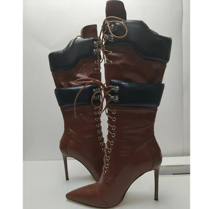 2025 Botas de tacón alto de Otoño Invierno para Mujer con cordones puntiagudos tacones finos Botas de Mujer de doble capa Sexy a media pantorrilla
