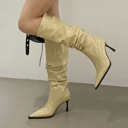 Botas altas de cuero para Mujer, zapatos sexis de tacón alto con punta puntiaguda, Botas Chelsea de fiesta a la moda para Mujer, Botas de nieve nuevas para Mujer